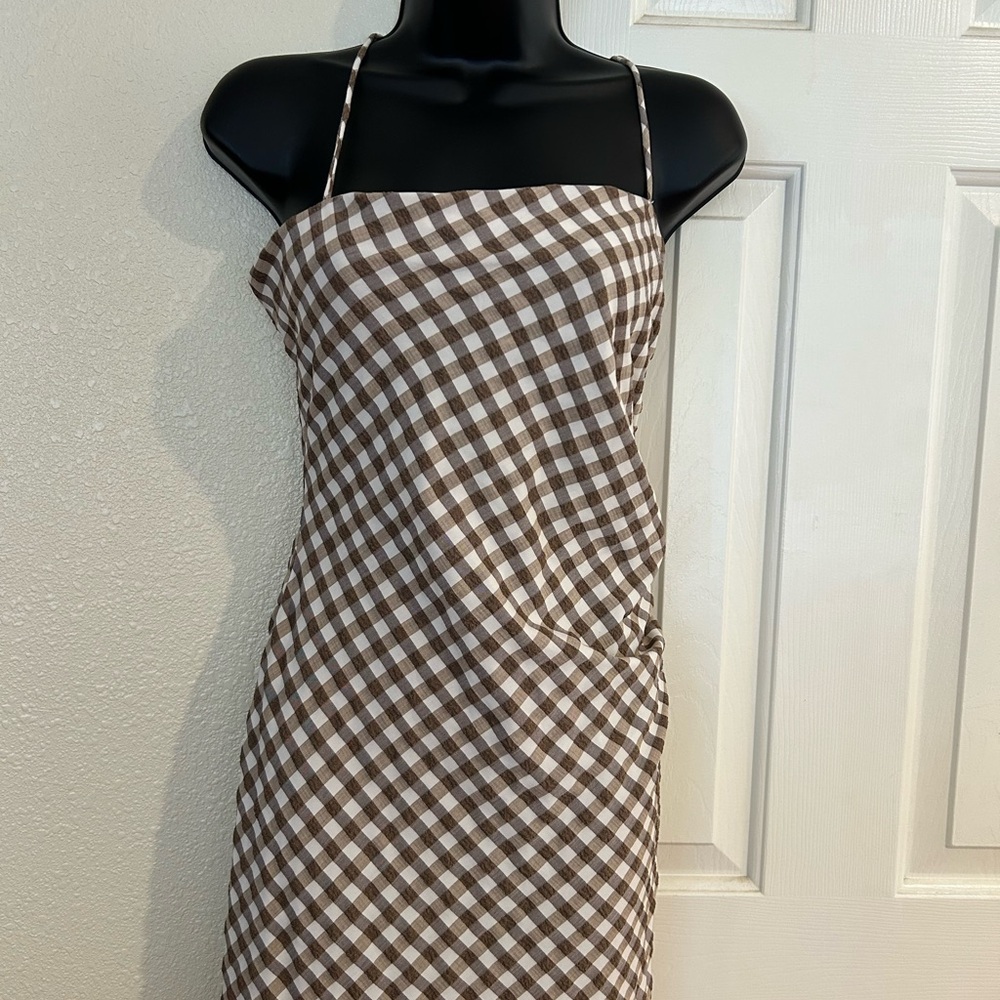 Zara Brown and White Spaghetti Strap Slip Dress